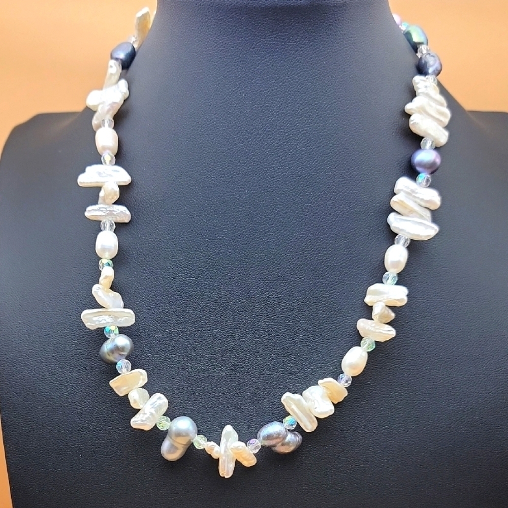 15" Choker Genuine Fresh Water Baroque Biwa Pearls & Faceted AB Crystal